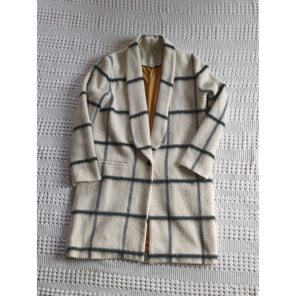 Anthropologie Elevenses Windowpane Wool Mohair Coat Button Cream Blue Size 8?